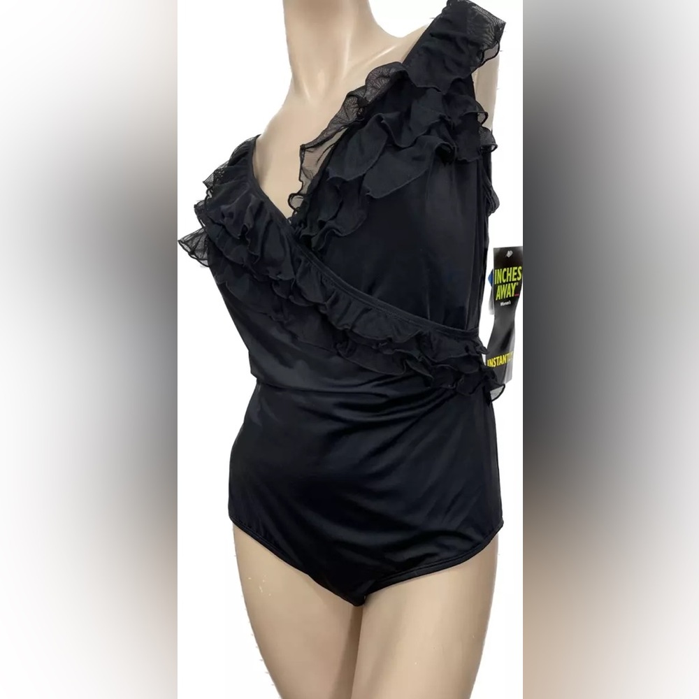 NWT “INCHES AWAY” RUFFLED MESH RUFFLED ONE-PIECE SWIMSUIT IN BLACK SIZE:10 NEW